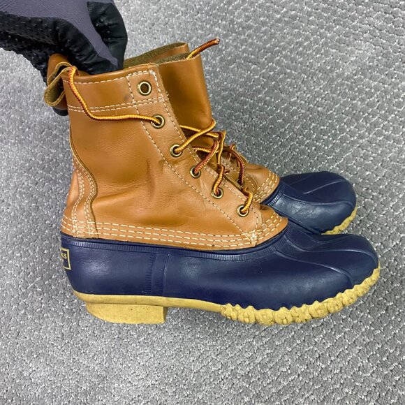LL Bean 8" Bean Boots Women's 7 W Leather Rubber Duck Tan Navy 212880 Made USA - Picture 1 of 14